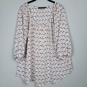 Rose & Olive Womens Floral Tunic Top Size 1x Ivory 3/4 Sleeve Scoop Neck Flowy